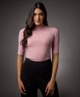 short sleeve high neck rib top salmon pink