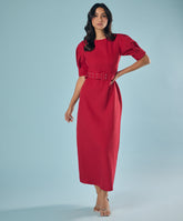 Puffed Sleeve Round Neck Midi Dress
