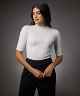 short sleeve high neck rib top off white