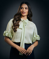 Sleeve Frilled Satin Half Sleeve Top-Green