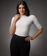 short sleeve high neck rib top off white