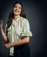 Sleeve Frilled Satin Half Sleeve Top-Green