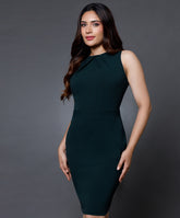 Neck Pleated Bodycon Green Dress