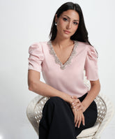 Vneck Sleeve Gathered Glamorous Satin Top