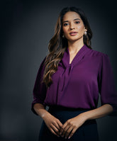 Deep Neck Bow Tie Chiffon Top-Purple