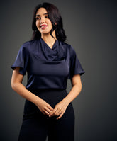 Cowl Neck Flared Sleeve Satin Top