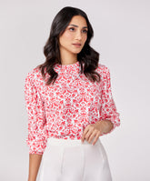 Sleeve Detailed Red Printed Chiffon Top