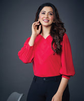 Side Pleated Chiffon Solid Red Top