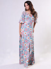 Curved V Neck Paneled Satin Printed Dress