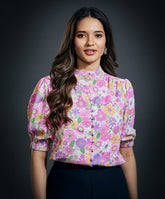 High Neck Three Quarter Sleeve Printed Formal Top