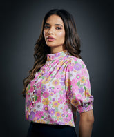 High Neck Three Quarter Sleeve Printed Formal Top