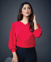 Side Pleated Chiffon Solid Red Top