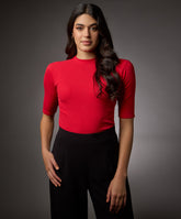 short sleeve high neck rib top red