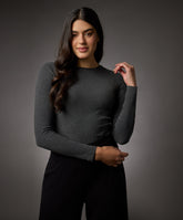 long sleeve round neck rib top dark grey
