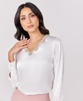 Trim Attached Long Sleeve White Top
