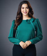 Neck Bow Solid Chiffon Long Sleeve Green Top