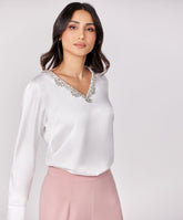 Trim Attached Long Sleeve White Top