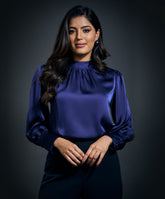 High Neck Long Sleeve Button Detailed Satin Top-Navy