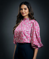 Puffed Long Sleeve Satin Top-Pink
