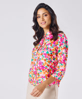 Mandarine Collar Printed Roll Up Sleeve Top