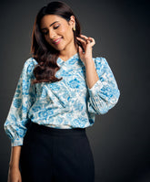 Side Pleated Printed Chiffon Blue Top