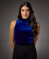 high neck sleeveless velvet top royal blue