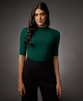 short sleeve high neck rib top dark green