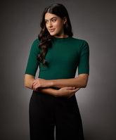 short sleeve high neck rib top dark green