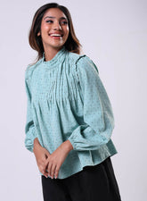 Pintuck Detailed Polka Dot Green Top