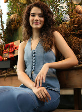 Halter Neck Deep V Denim Top