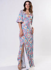 Curved V Neck Paneled Satin Printed Dress