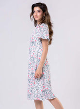 Neck Pleated Printed Satin Dress