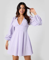 Long Puffed Sleeve Plunge Vneck Dress
