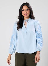 Side Sleeve Embroidered Blue Casual Top