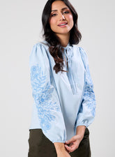 Side Sleeve Embroidered Blue Casual Top