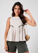 Half Peplumed Sleeveless Embroidered Top