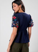 Deep V Neck Embroidered Top