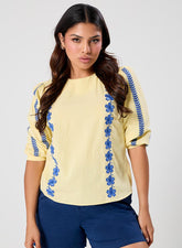 Sleeve And Front Embroidered Three Quarter Sleeve Top