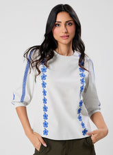 Sleeve And Front Embroidered Three Quarter White Sleeve Top