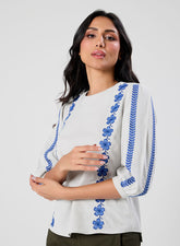 Sleeve And Front Embroidered Three Quarter White Sleeve Top