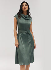 Cowl Neck Dress With A Slit And Belt
