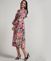High Neck Printed Lantern Sleeve Midi Dress