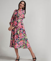 High Neck Printed Lantern Sleeve Midi Dress