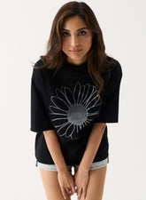 Metallic Flower Printed Black T-shirt