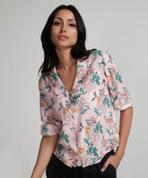 Large Collared Vneck Printed Pink Top