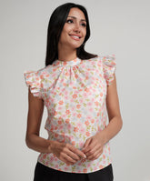 Sleeve Detailed High Neck Printed Top