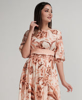 Back Tie Puffed Sleeve Beige Dress