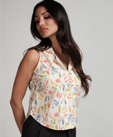 White Notch Neck Floral Curved Hem Blouse