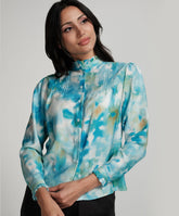 Pintuck Detailed Shaded Blue Printed Top