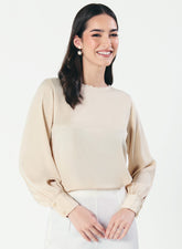 Neck Scalloped Long-Sleeve Light Beige Top